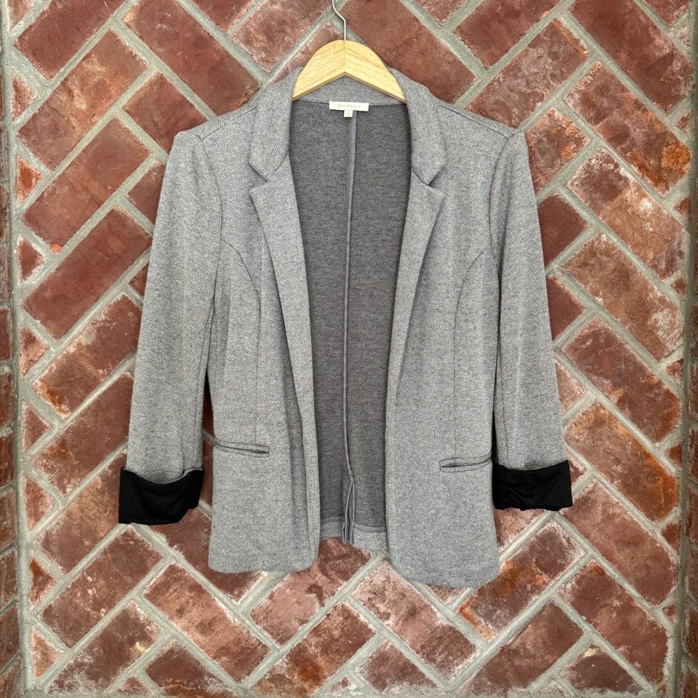 Skies Are Blue Blazer Womens M Grey Open Front Knit Cuffed 3/4 Sleeve Soft Comfy